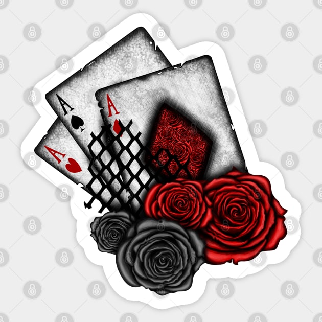 Playing Cards with Red Roses Sticker by DeneboArt